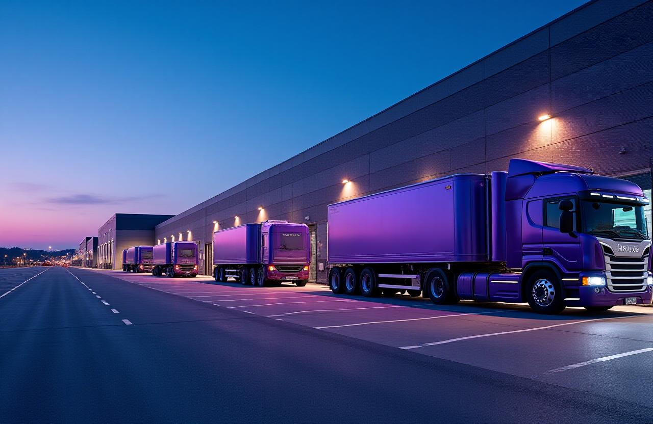 Modern logistics hub at twilight with fleet vehicles